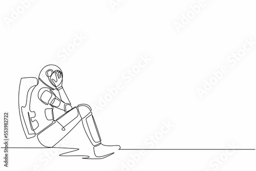 Continuous one line drawing young astronaut sitting on the floor with cover his face, feeling sad due to cosmic journey failure . Cosmonaut outer space. Single line graphic design vector illustration