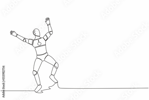 Continuous one line drawing happy robot jump with both hands raised. Successful in tech business project. Humanoid cybernetic organism. Future robotic. Single line graphic design vector illustration