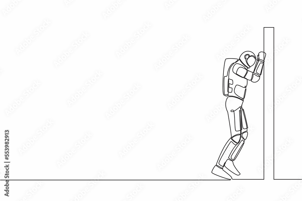 Continuous one line drawing of astronaut depressed with wailing on the wall, crying sad lost opportunity in spacecraft expedition. Cosmonaut outer space. Single line graphic design vector illustration Continuous one line drawing of astronaut depressed with wailing on the wall, crying sad lost opportunity in spacecraft expedition. Cosmonaut outer space. Single line graphic design vector illustration