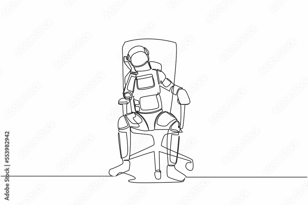 Single continuous line drawing young astronaut sitting at office chair, feeling stressed due to wormhole spaceship expedition failure. Cosmonaut deep space. One line graphic design vector illustration