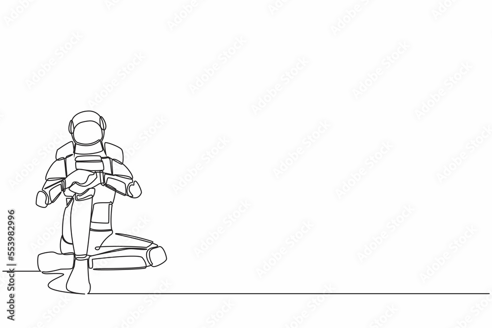 Single one line drawing sad astronaut sitting alone on the floor. Depressed, disorder, sorrow. Spacecraft industry failure. Cosmic galaxy space. Continuous line draw graphic design vector illustration