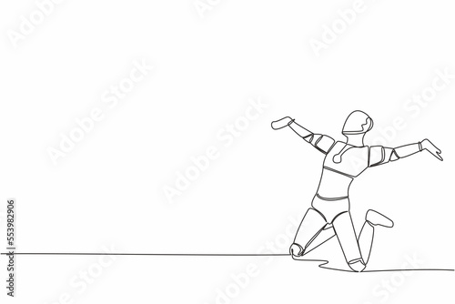 Single continuous line happy robot jumping with raised legs and spread arms. Future technology development. Artificial intelligence machine learning process. One line draw design vector illustration