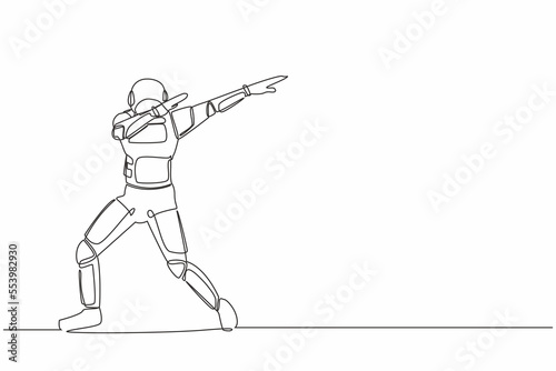 Single one line drawing happy astronaut standing with crossing arms and look down. Cheerful expression after interstellar journey. Cosmic galaxy space. Continuous line draw design vector illustration