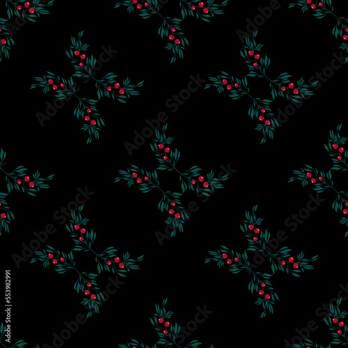 Green branches with red berries. Seamless pattern. Floral design. v