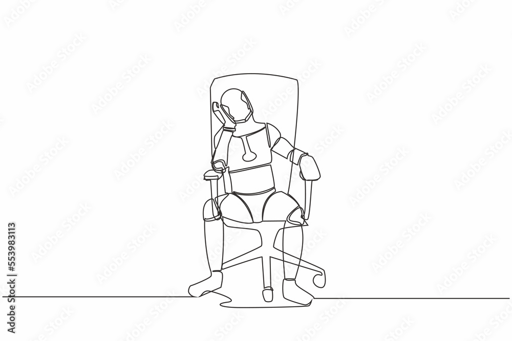 Single one line drawing robot sitting at office chair, feeling stressed, alone. Robotic artificial intelligence. Electronic technology industry. Continuous line draw design graphic vector illustration