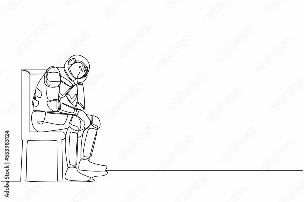 Single continuous line drawing of depressed astronaut hold his head sitting on chair. Regret on galactic journey mission mistake. Cosmonaut deep space. One line draw graphic design vector illustration Single continuous line drawing of depressed astronaut hold his head sitting on chair. Regret on galactic journey mission mistake. Cosmonaut deep space. One line draw graphic design vector illustration