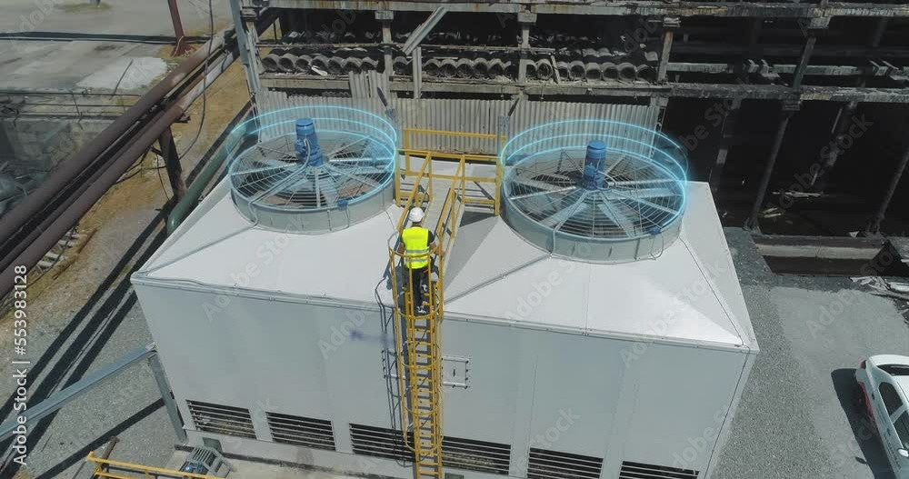 Cooling tower from a drone. Wet cooling towers. Evaporative cooling towers. Industrial cooling towers.