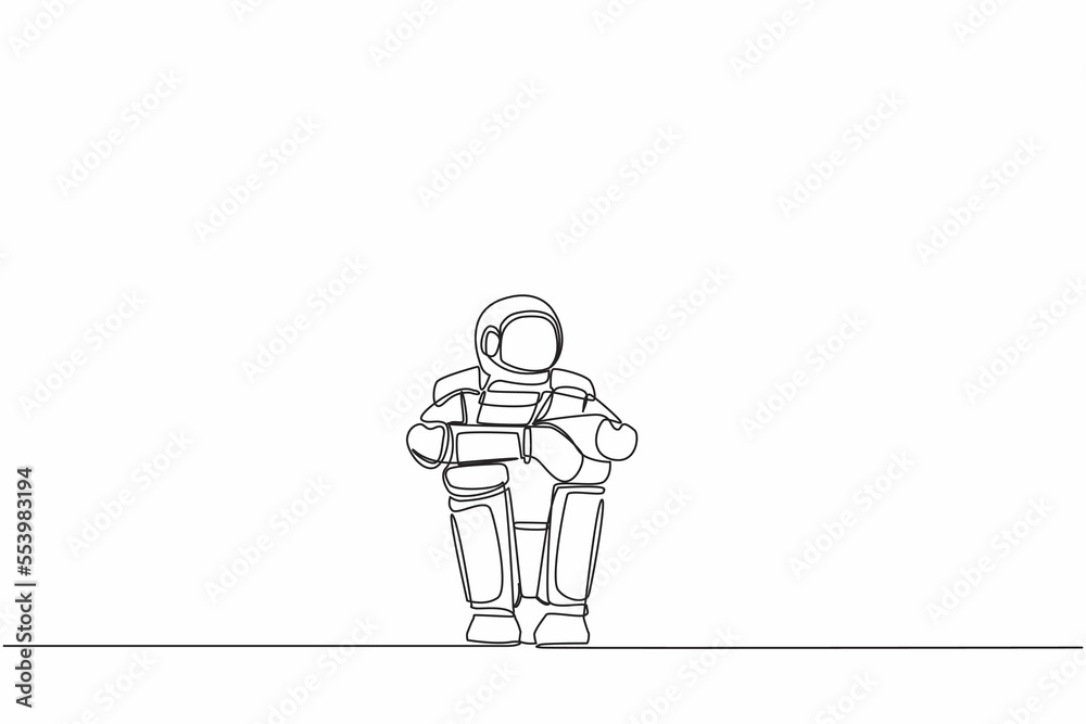 Single one line drawing sad young astronaut suffer emotion sitting in despair on floor. Galactic journey project failure. Cosmic galaxy space. Continuous line draw graphic design vector illustration