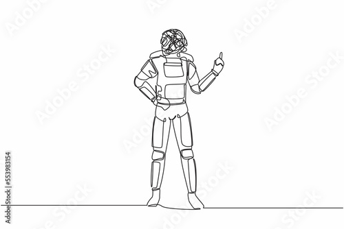 Single continuous line drawing astronaut with round scribbles instead of head, standing showing threatening gesture with clenched fist. Cosmonaut deep space. One line draw design vector illustration