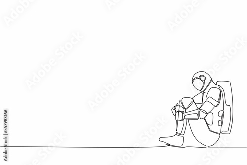 Single one line drawing of astronaut suffer sadness melancholy sitting in despair on the floor. Failed in spaceship exploration. Cosmic galaxy space. Continuous line graphic design vector illustration