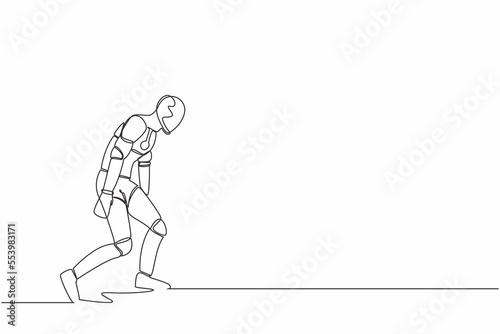 Single continuous line drawing sad robot bowed down. Feeling lonely and having mental pressure or stress. Artificial intelligence and machine learning process. One line draw design vector illustration