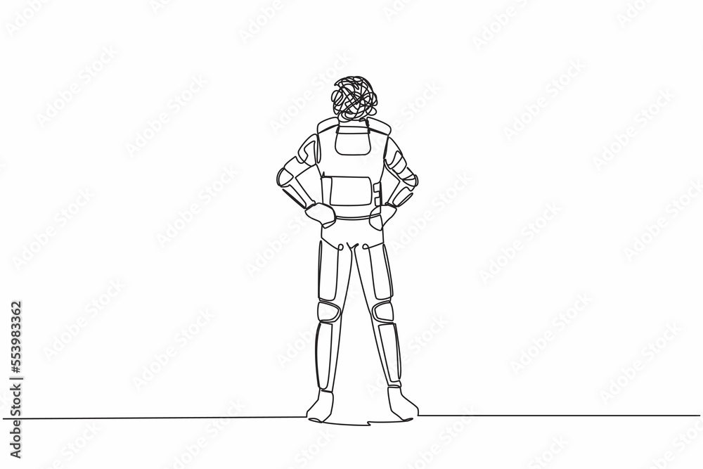 Single continuous line drawing young astronaut with round scribbles instead of head, standing and holding on his hip in moon surface. Cosmonaut deep space. One line graphic design vector illustration