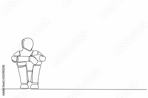Continuous one line drawing sad robot suffer emotion melancholy sitting in despair on floor. Humanoid robot cybernetic organism. Future robotic development. Single line draw design vector illustration