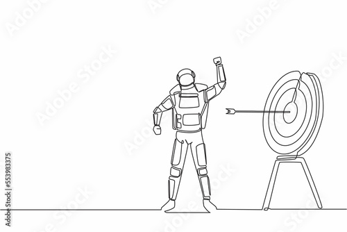 Continuous one line drawing astronaut with fist gesture in front of target board. Successful in complicated wormhole expedition. Cosmonaut outer space. Single line graphic design vector illustration