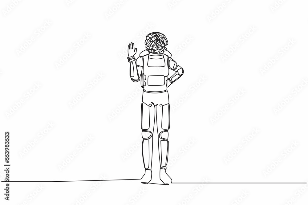 Single continuous line drawing of young astronaut with round scribbles instead of head, making stop gesture sign with hand, saying no. Cosmonaut deep space. One line graphic design vector illustration Single continuous line drawing of young astronaut with round scribbles instead of head, making stop gesture sign with hand, saying no. Cosmonaut deep space. One line graphic design vector illustration