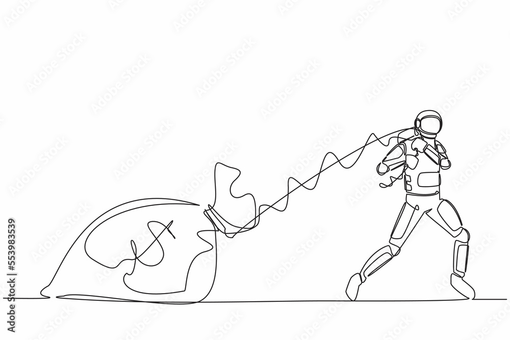 Single continuous line drawing astronaut pulling heavy money bag in moon surface. Big responsibility for funding space shuttle project. Cosmonaut deep space. One line draw design vector illustration