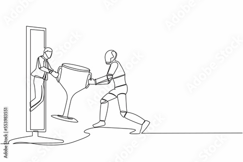 Continuous one line drawing of young male giving trophy to robot from computer screen. Winning, leadership, achievement. Future robotic development. Single line draw design vector graphic illustration