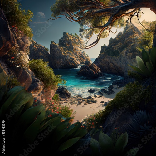 Stunning photorealistic landscape. Lost paradise island. Generative art.