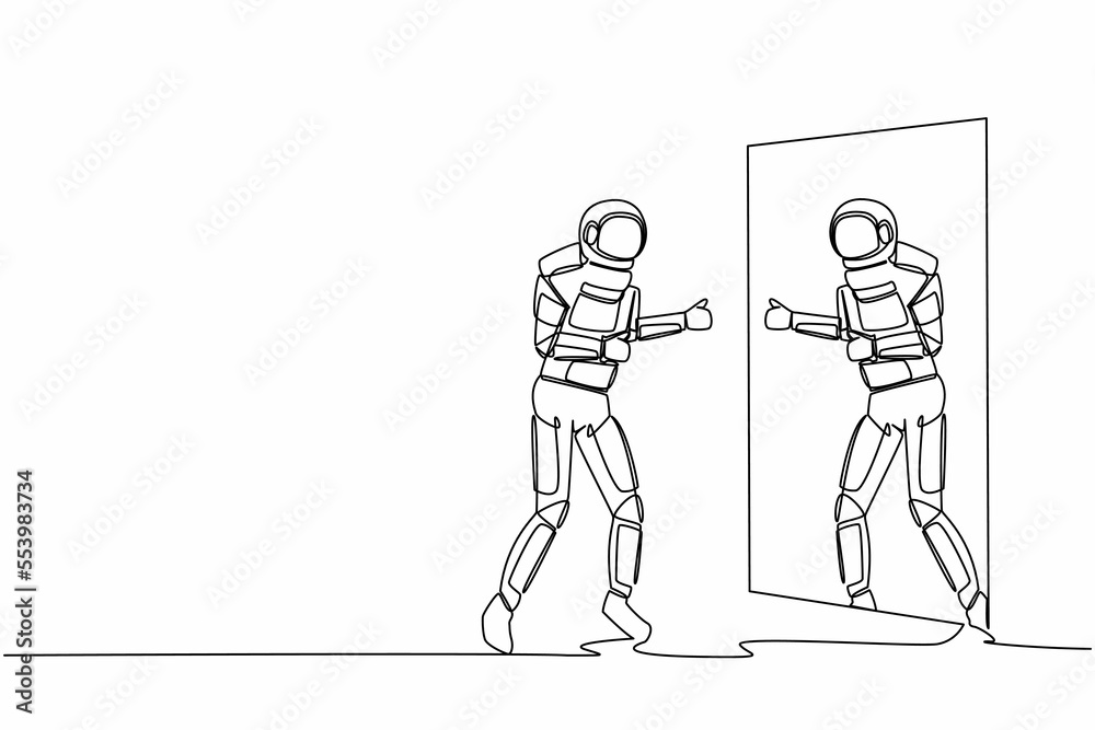 Continuous one line drawing astronaut looks his reflection in mirror with thumbs up gesture. Happy spaceman in galactic exploration. Cosmonaut outer space. Single line draw design vector illustration Continuous one line drawing astronaut looks his reflection in mirror with thumbs up gesture. Happy spaceman in galactic exploration. Cosmonaut outer space. Single line draw design vector illustration