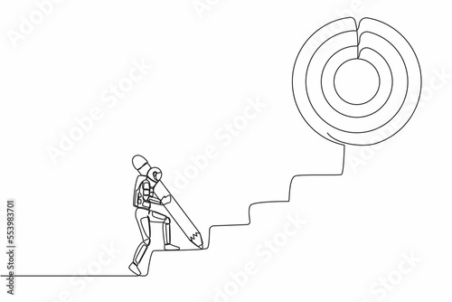 Single continuous line drawing astronaut use huge pencil to draw rising up stairs. Strategy reach space company target. Spaceman career path. Cosmonaut deep space. One line design vector illustration