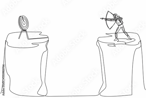 Continuous one line drawing astronaut standing on cliff with archer in hand. Space exploration target goal. Spaceman forced to successful. Cosmonaut outer space. Single line design vector illustration