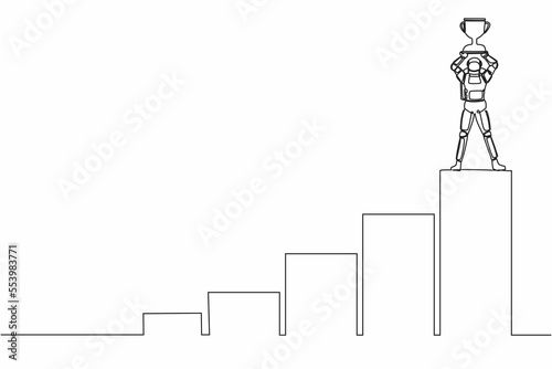 Single continuous line drawing astronaut climb graph staircase to reach and lifting up trophy. Successful in interstellar spaceship journey. Cosmonaut deep space. One line design vector illustration