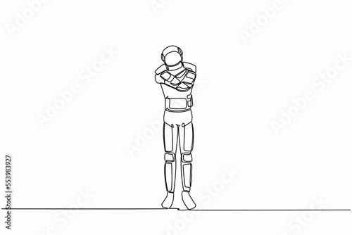 Single continuous line drawing astronaut hugging himself with positive emotion. Charismatic spaceman cuddling oneself in moon surface. Cosmonaut deep space. One line graphic design vector illustration