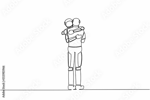 Continuous one line drawing two astronaut embracing each other closely feeling comfort. Father and son meeting after long parting. Cosmonaut outer space. Single line graphic design vector illustration