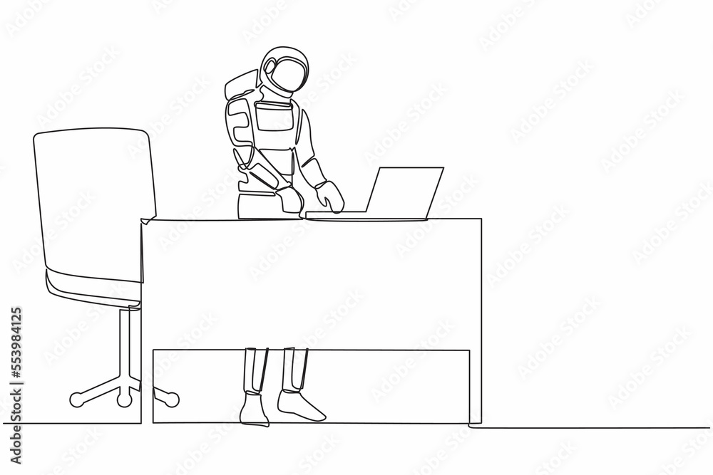 Continuous one line drawing of smart young astronaut standing and working behind office desk. Planning for rocket launch project. Cosmonaut outer space. Single line graphic design vector illustration Continuous one line drawing of smart young astronaut standing and working behind office desk. Planning for rocket launch project. Cosmonaut outer space. Single line graphic design vector illustration