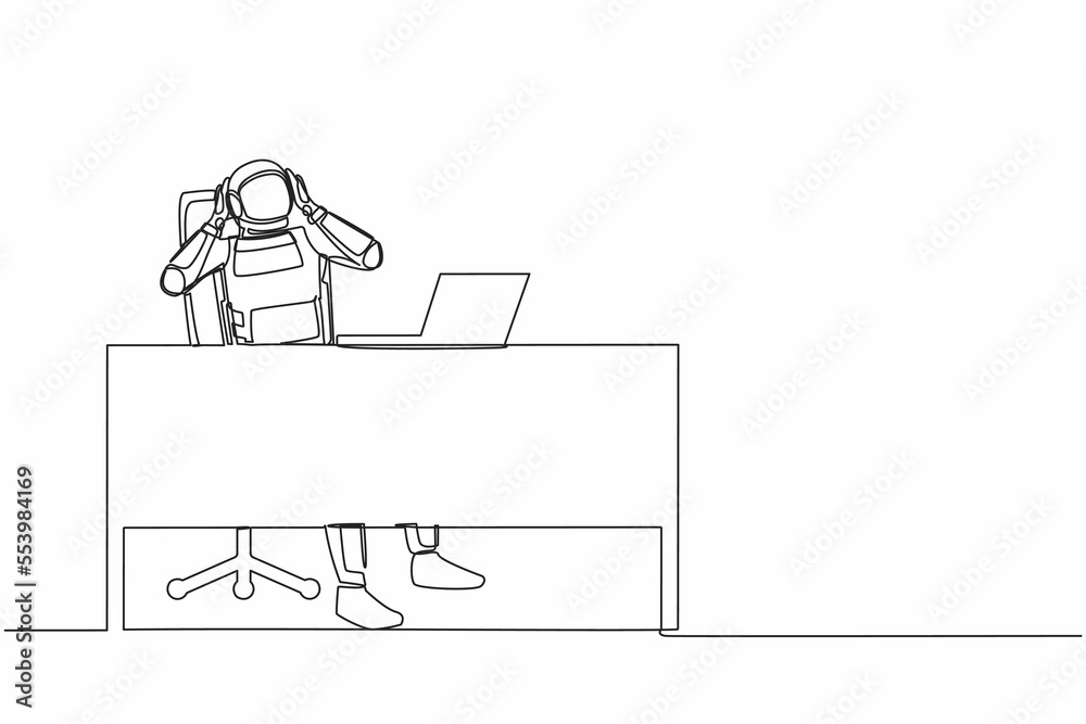 Single continuous line drawing frustrated young astronaut sitting with laptop and holding head at working desk. Space explore failure. Cosmonaut deep space. One line graphic design vector illustration Single continuous line drawing frustrated young astronaut sitting with laptop and holding head at working desk. Space explore failure. Cosmonaut deep space. One line graphic design vector illustration