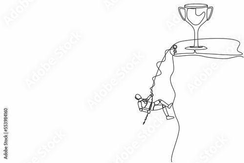 Continuous one line drawing robot climber hanging on rope and pulling himself on top of rocky mountain wall to reach trophy. Future robotic development. Single line design vector graphic illustration