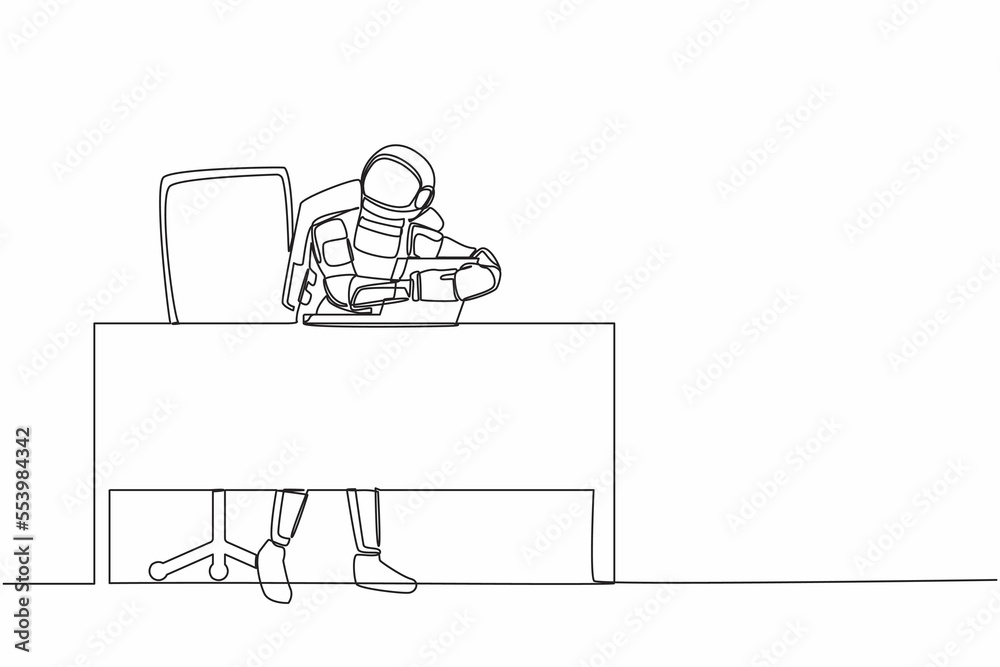 Continuous one line drawing of young astronaut sitting and hugging laptop at office desk. Accomplish interstellar expedition. Cosmonaut outer space. Single line draw graphic design vector illustration