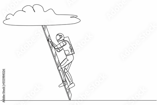 Single one line drawing young astronaut climbing up ladder to cloud. Spaceman career path growth in space industry. Cosmic galaxy space concept. Continuous line draw graphic design vector illustration