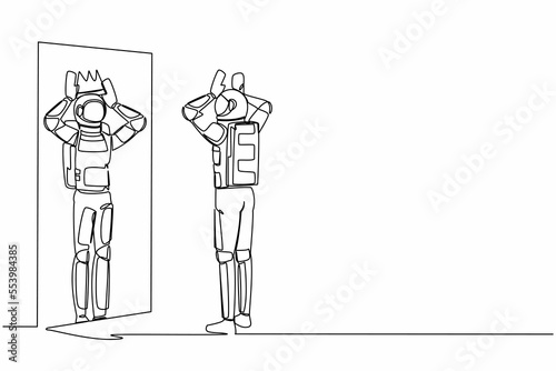 Single continuous line drawing young astronaut looking at mirror and seeing in reflection of himself with crown on his head. Cosmonaut deep space concept. One line graphic design vector illustration
