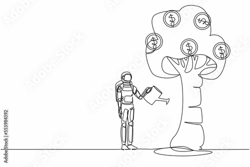 Continuous one line drawing astronaut watering money tree with coin dollar symbol. Profit growth in galactic spaceship industry. Cosmonaut outer space. Single line graphic design vector illustration