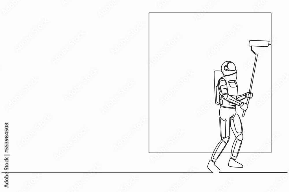 Single one line drawing astronaut painter decorator at work. Future house decoration. Preparation home reparation on moon surface. Cosmic galaxy space. Continuous line draw design vector illustration Single one line drawing astronaut painter decorator at work. Future house decoration. Preparation home reparation on moon surface. Cosmic galaxy space. Continuous line draw design vector illustration