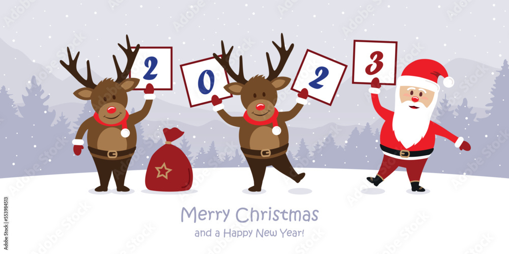 new year 2023 greeting card with cute christmas deer and santa