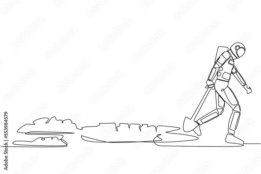 Continuous one line drawing young astronaut walking unsteadily leaving hole dug and dragging shovel. Gave up in moon exploration. Cosmonaut outer space. Single line graphic design vector illustration