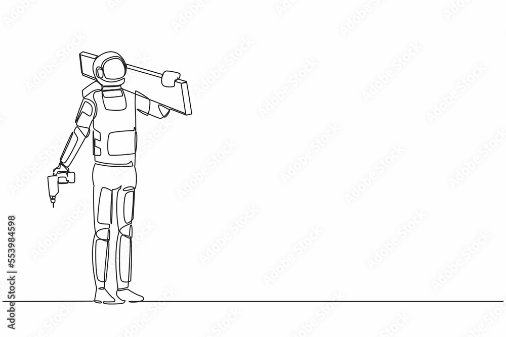 Continuous one line drawing astronaut standing with board, tool box, and drill. Preparation home reparation on moon surface. Cosmonaut outer space. Single line draw graphic design vector illustration Continuous one line drawing astronaut standing with board, tool box, and drill. Preparation home reparation on moon surface. Cosmonaut outer space. Single line draw graphic design vector illustration