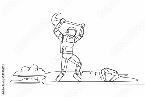Single continuous line drawing of young astronaut in moon hole prancing while lifting pickaxe with hands. Spaceman mining for diamond. Cosmonaut deep space. One line graphic design vector illustration