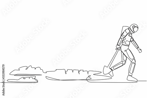 Continuous one line drawing young astronaut walking unsteadily leaving hole dug and dragging shovel. Gave up in moon exploration. Cosmonaut outer space. Single line graphic design vector illustration