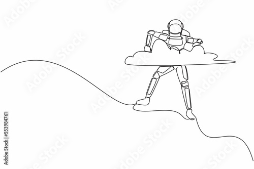 Single continuous line drawing young astronaut hang in clouds. Hoping for successful spaceship exploring or expedition project. Cosmonaut deep space. One line draw graphic design vector illustration