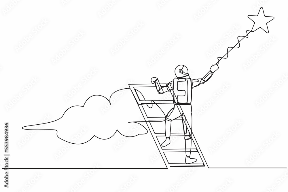 Continuous one line drawing of young astronaut climbing ladder and reaching star on sky for interstellar expedition success. Cosmonaut outer space. Single line draw graphic design vector illustration
