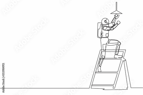 Single continuous line drawing young astronaut electrician on ladder change light bulb. Spaceman ability to repair operating system. Cosmonaut deep space. One line graphic design vector illustration