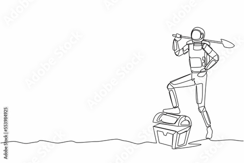 Single one line drawing young astronaut digging ground with shovel and step on treasure chest. Success achievement in interstellar discovery. Cosmic galaxy space. Continuous line graphic design vector