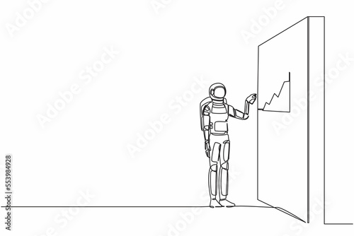 Single continuous line drawing astronaut drawing profit graph on wall in moon surface. Analysis economic opportunity in space company. Cosmonaut deep space. One line graphic design vector illustration