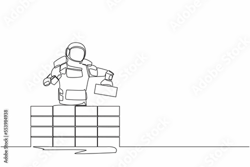 Continuous one line drawing astronaut building brick wall. Future house development. Preparation home reparation on moon surface. Cosmonaut outer space. Single line graphic design vector illustration