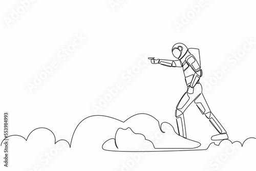 Single one line drawing young astronaut riding cloud on sky, pointing forward, go to future innovation of space industry. Cosmic galaxy space. Continuous line draw graphic design vector illustration