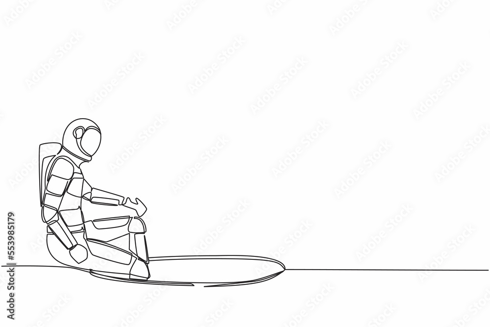 Continuous one line drawing astronaut descends into the hole. Failure to take advantage of spaceship business opportunities. Cosmonaut outer space. Single line draw graphic design vector illustration