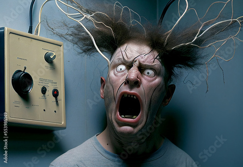 Person is very hard hit by electric shock. Accident.
